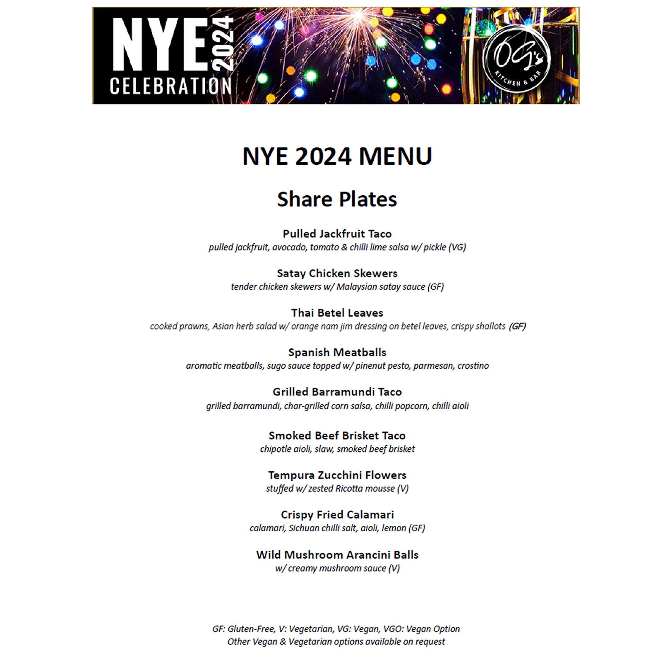 OG's Cronulla NYE 2024 Menu