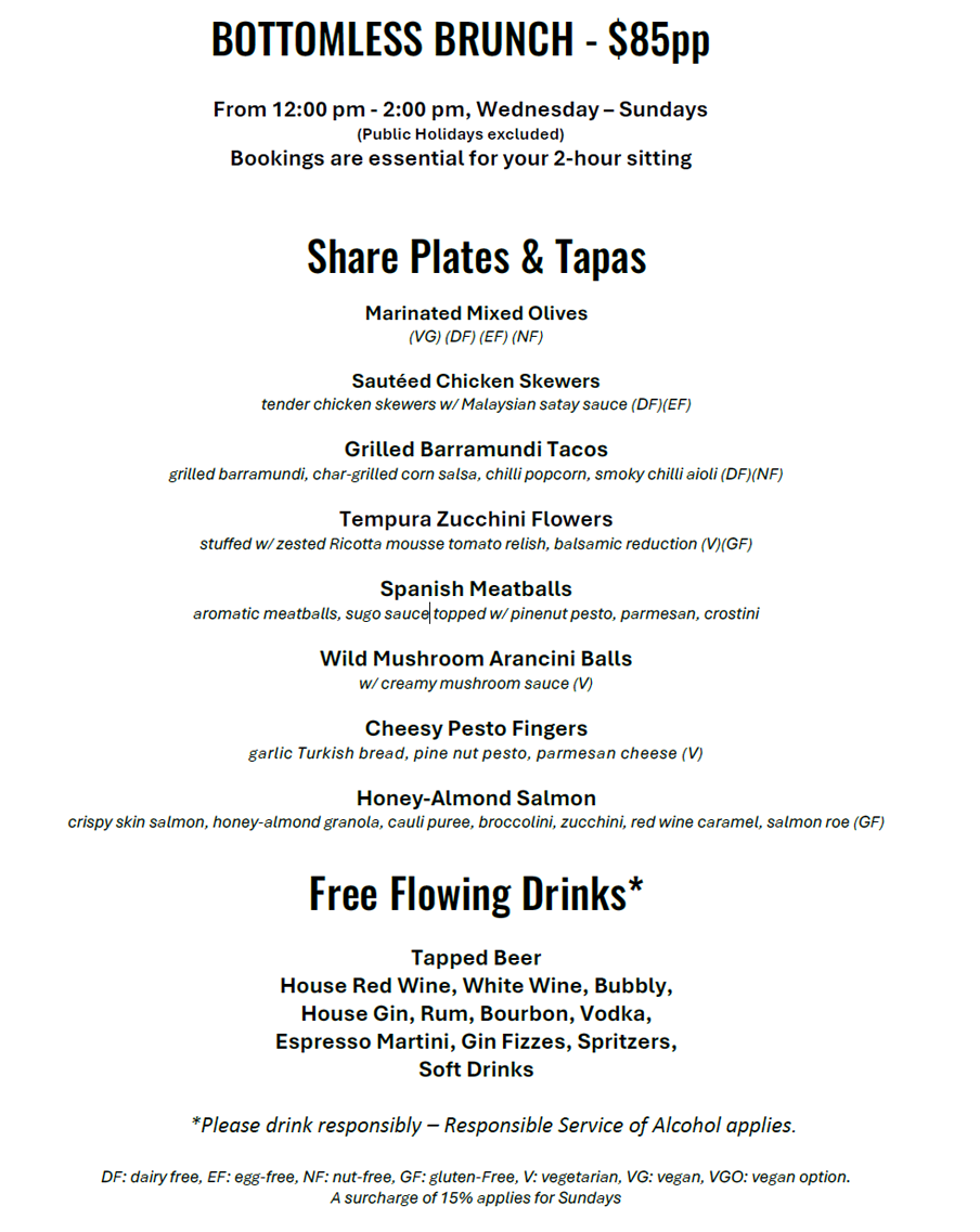 Bottomless Brunch Menu - OG's Cronulla